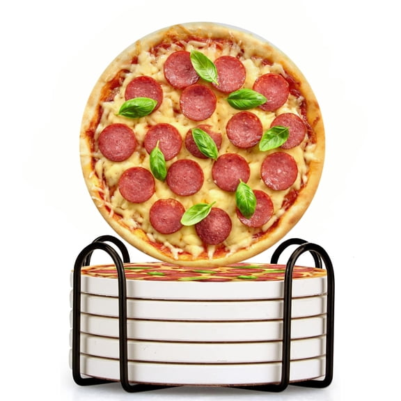 Pepperoni PizzWith MozzarellCheese Set of 6 Ceramic Coasters with Holder, Absorbent Drink Bar Coasters, Table Coasters for Living Room Decor Tabletop Protection