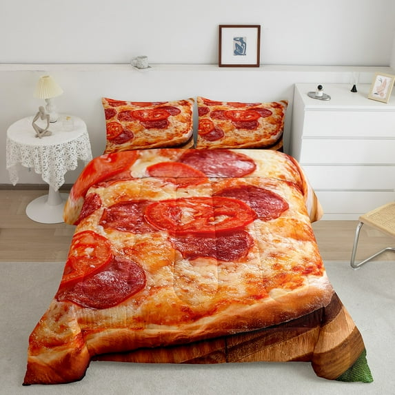 Pepperoni Pizza Comforter Set Full Adults,Funny Realistic Food Bedding Set Bedroom Decor,Cheese Pizza Bedding Comforter Sets Sausage Pizza Quilt Bed Set Novelty Gifts 3Pcs