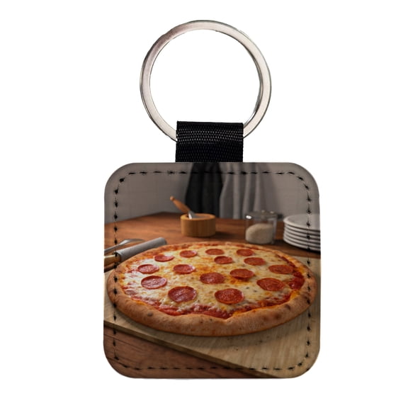 Pepperoni Pizza Yummy Dinner Faux Leather Square Keychain