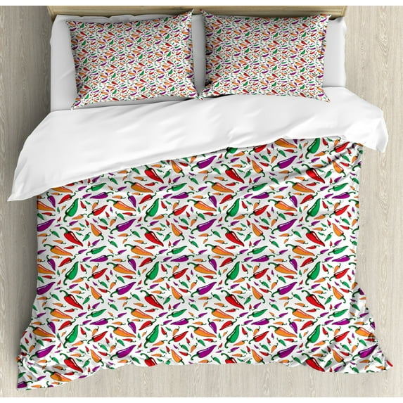 Peppers Duvet Cover Set King Size, Hot Chili Mexican Cusine in Cartoon Style Arrangement of Vegetables Kitchen Graphic, Decorative 3 Piece Bedding Set with 2 Pillow Shams, Multicolor, by Ambesonne