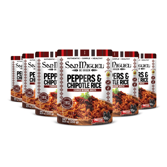 Peppers and Chipotle Rice with Bone Broth, Ready to Serve Rice Pouches, Microwaveable Smoky Chipotle Rice, Heat and Eat Instant Rice, Pack of 6
