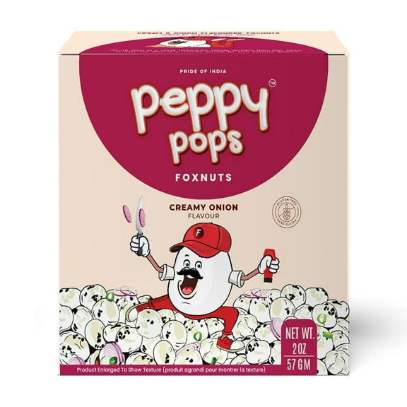 Peppy Pops Creamy Onion Fox Nuts 2 oz (57 gm) Roasted Makhana Snack Crunchy Gluten-Free Foxnuts Healthy Snacks Low Calorie, High Protein Indian Snack-Kids & Adult Friendly By Pride of India