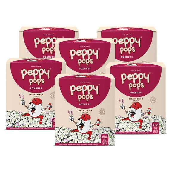Peppy Pops | PACK OF 6, Creamy Onion Fox Nuts 2 oz (57 gm) Roasted Makhana Snack Crunchy Gluten-Free Foxnuts Healthy Snacks Low Calorie, High Protein Indian Snack-Kids & Adult Friendly