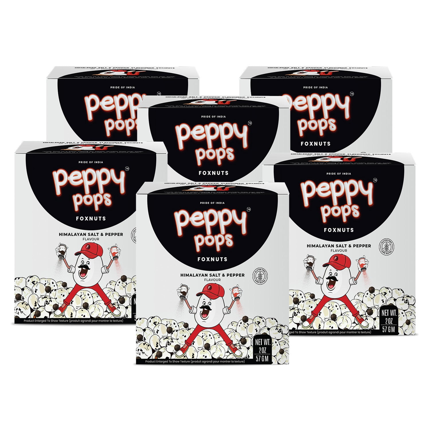 Peppy Pops | PACK OF 6, Himalayan Salt & Pepper Foxnuts 2 oz (57 gm) – Crunchy Roasted Makhana Snack, Gluten-Free Indian Snack, Healthy Low-Calorie Munchies