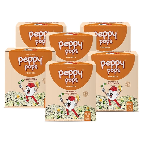 Peppy Pops | PACK of 6, Jalapeno & Cheesy Delight Foxnuts 2 oz (57 gm) Spicy Cheesy Puffed Snack Roasted Indian Makhana Gluten-Free, High Protein Healthy Cheese Snacks
