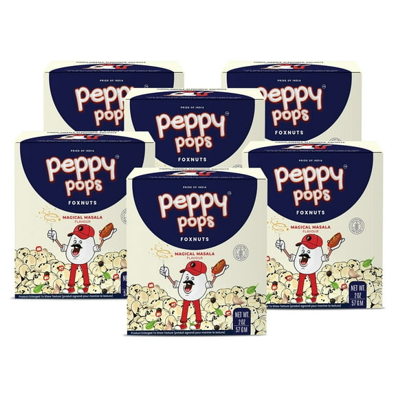 Peppy Pops | PACK OF 6, Magical Masala Roasted Foxnuts 2 oz (57 gm) Crunchy Makhana Snack, Gluten Free Protein Snack Pack, Low Calorie Healthy Snack for Kids, Adults & Travel