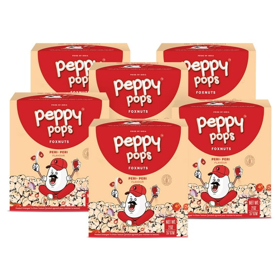 Peppy Pops | PACK OF 6, Peri Peri Flavored Foxnuts 2 oz (57 gm) Spicy, Tangy & Crunchy Roasted Makhana Snack, Gluten-Free Healthy Snack for Travel, Office & Gaming