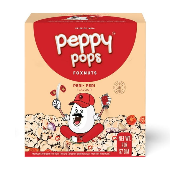 Peppy Pops Peri Peri Flavored Foxnuts 2 oz (57 gm) Spicy, Tangy & Crunchy Roasted Makhana Snack, Gluten-Free Healthy Snack for Travel, Office & GamingBy Pride of India