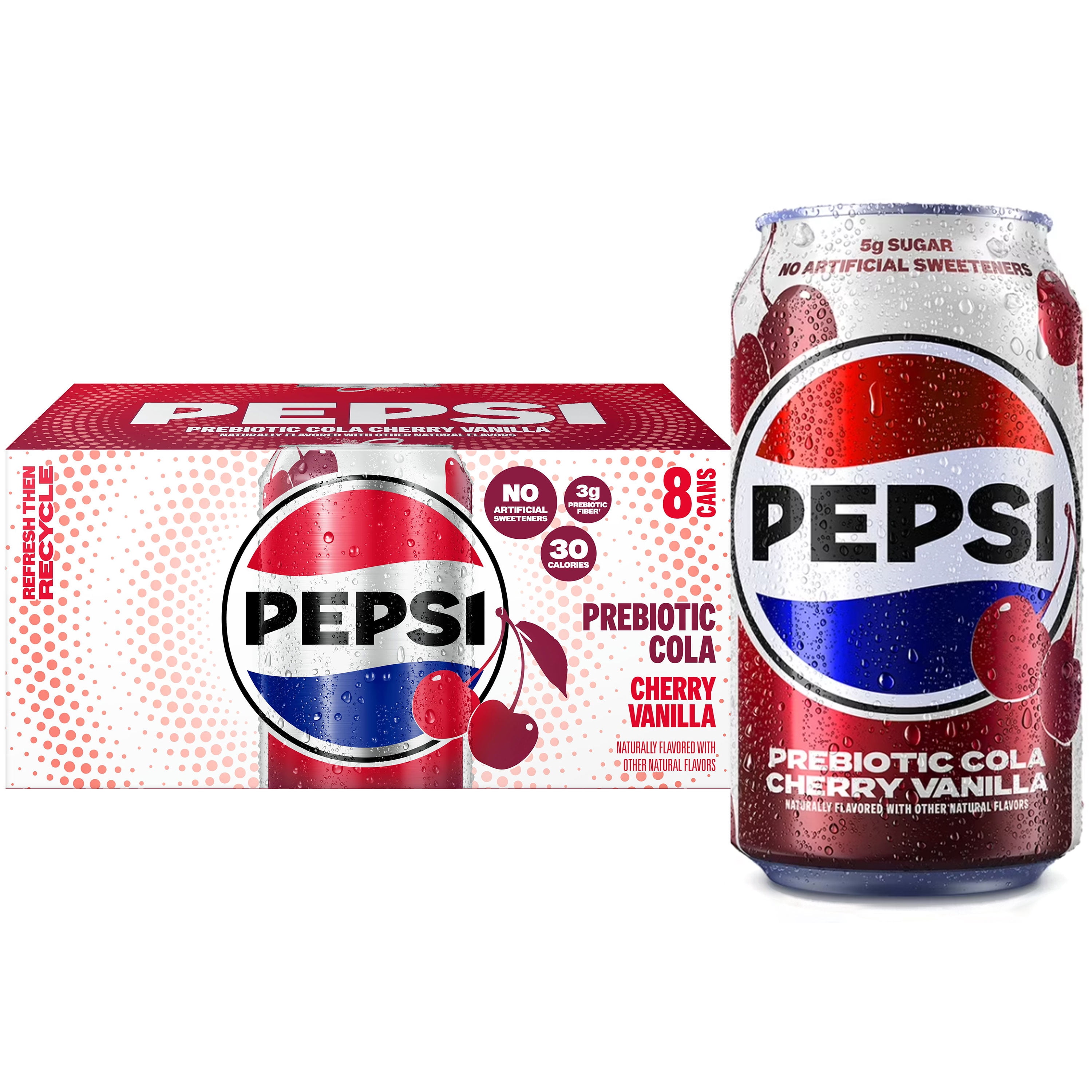 Pepsi Prebiotic Cola Soda Pop, Cherry Vanilla, 12 fl oz, 8 pack