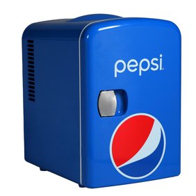 Pepsi 6 Can Portable Mini Fridge, 4L Personal Cooler with Carrying Handle, AC & 12V Car Adapter, Compact Beverage Cooler for Drinks, Skincare, and Snacks
