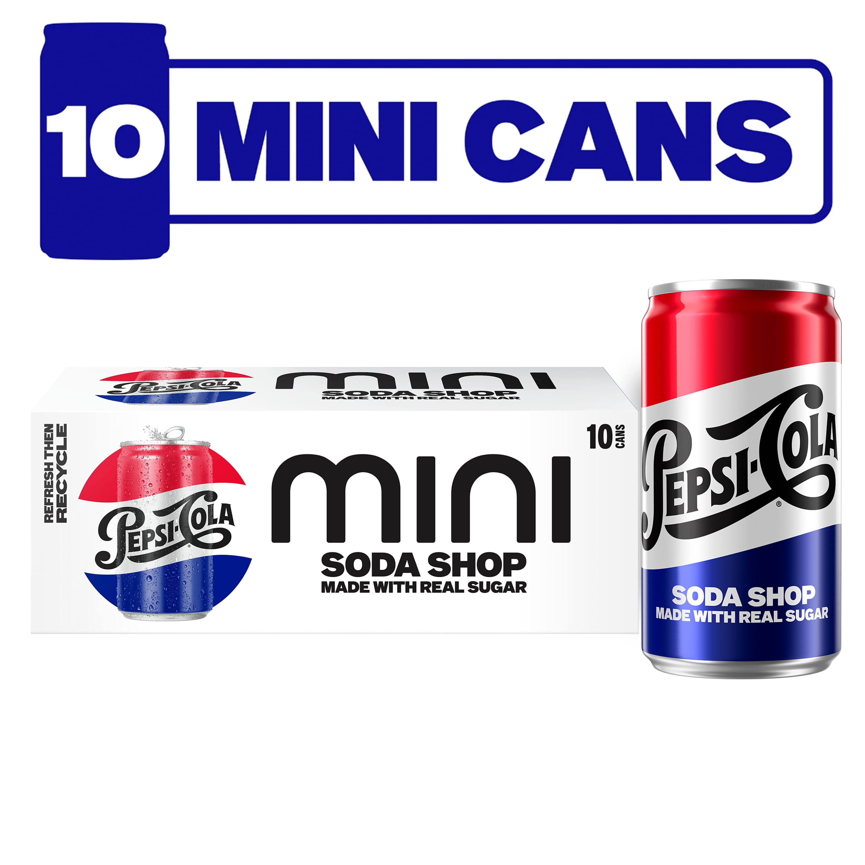 Pepsi Cola Real Sugar Soda Pop, 7.5 fl.oz 10 Pack Mini Cans