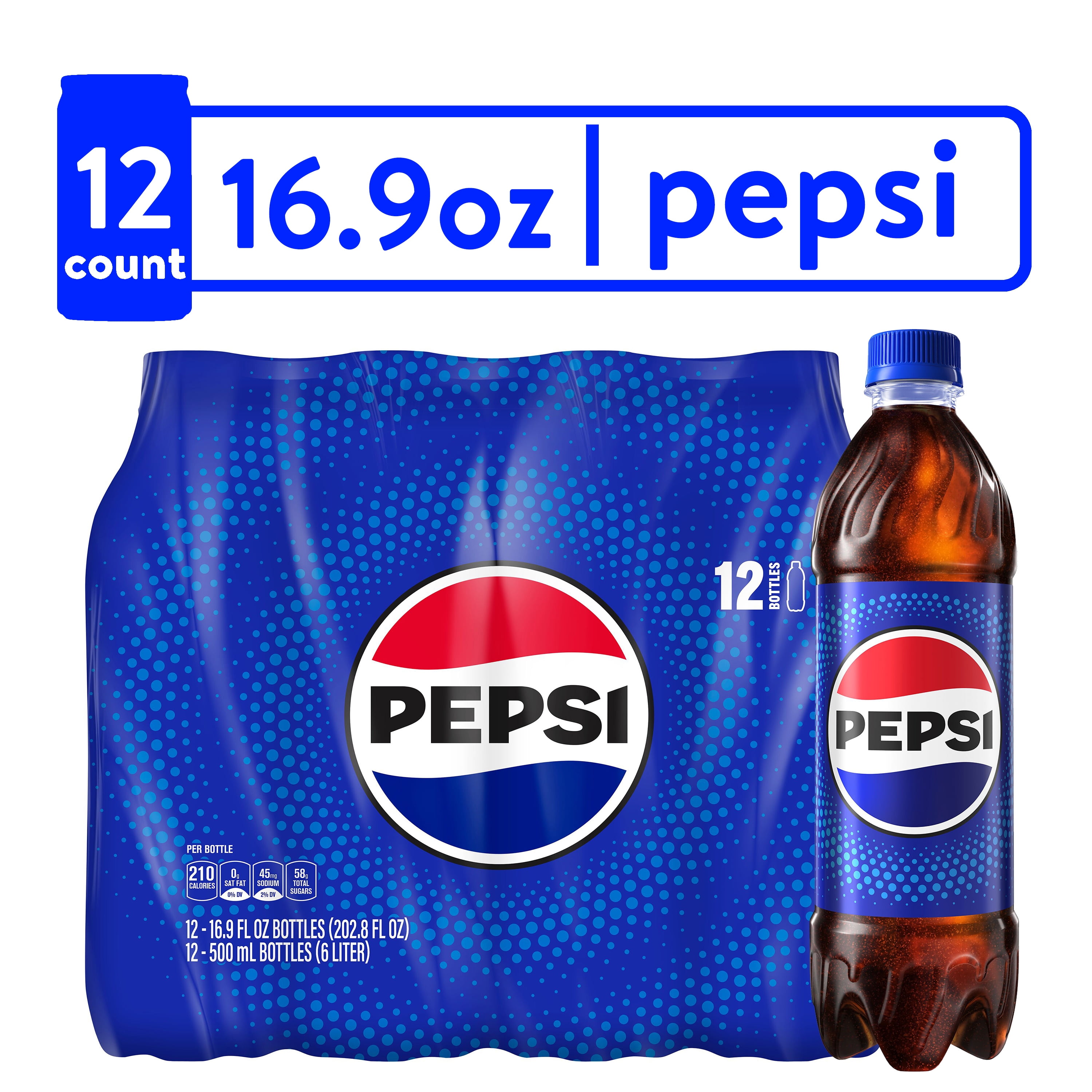12 Pack Cola Pop, Pepsi fl 16.9 oz, Bottles Soda