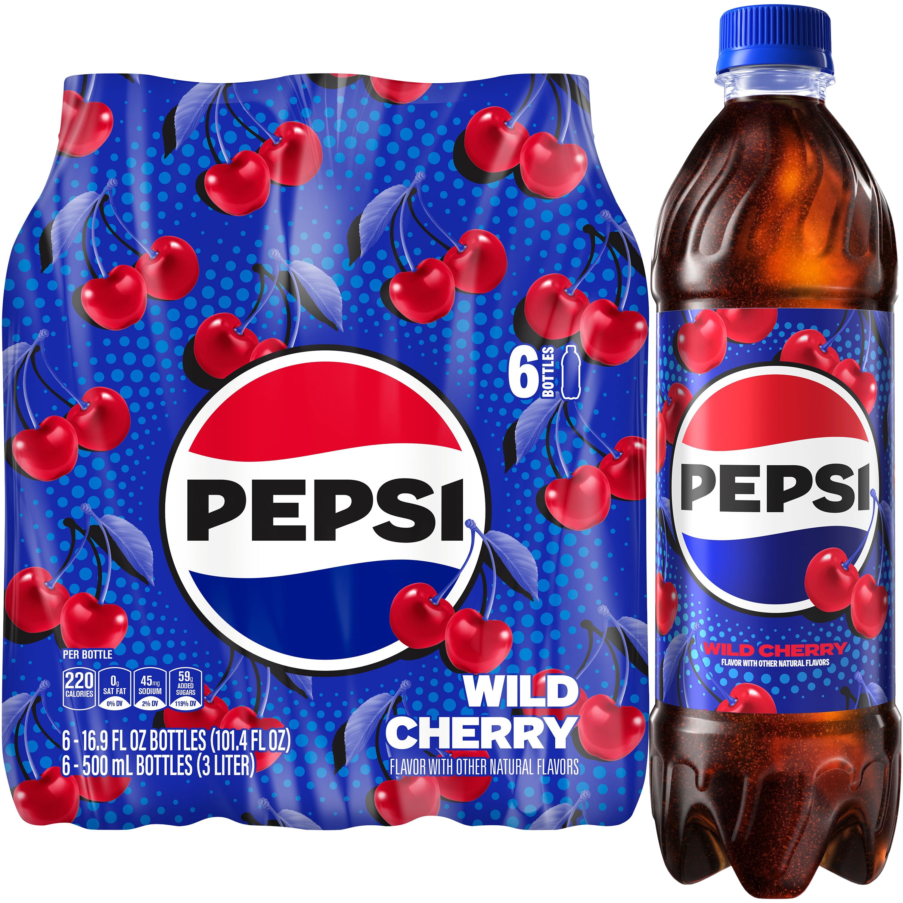 Pepsi, Cola, Wild Cherry Soda, 16.9 fl oz, 6 Pack Bottles