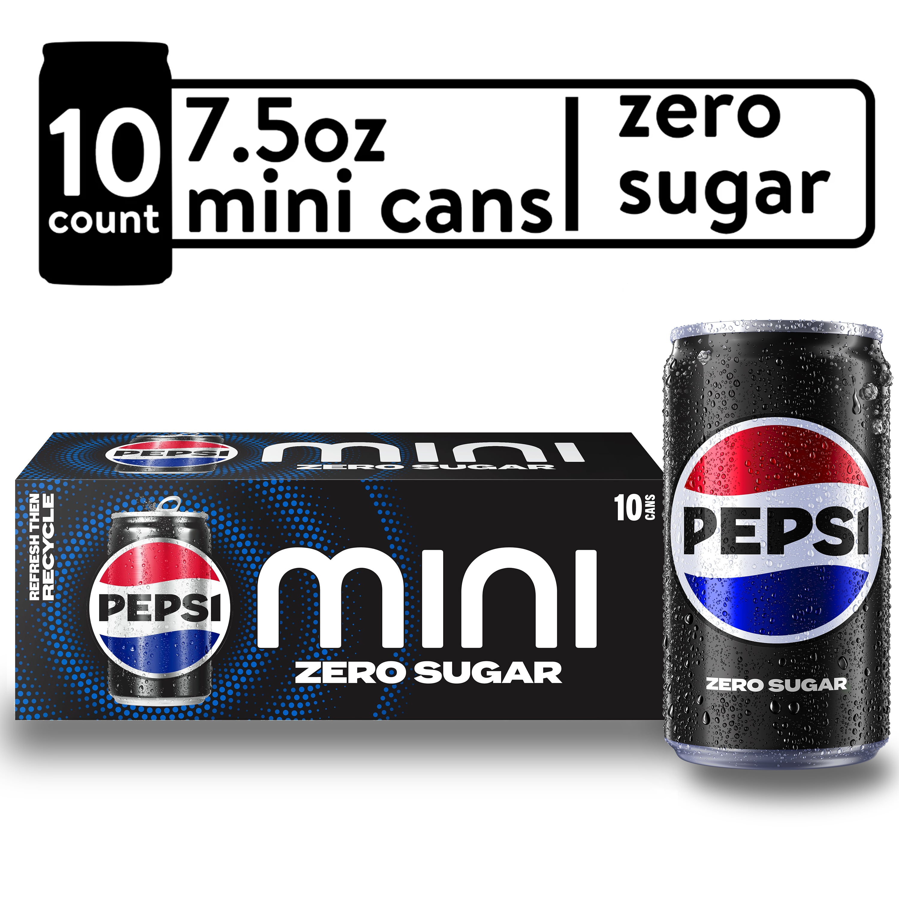 Pepsi Cola Zero Sugar Soda Pop, 7.5 fl oz, 10 Pack Mini Cans