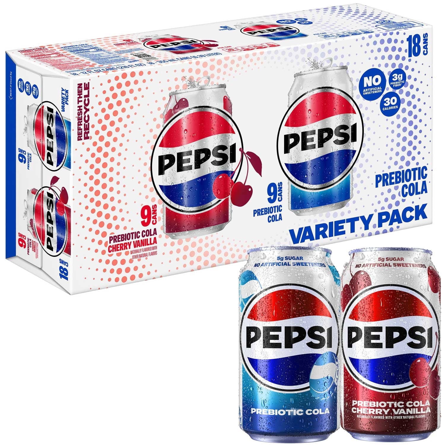 Pepsi Prebiotic Cola Club Variety Pack Soda, 12 fl oz Cans, 18
