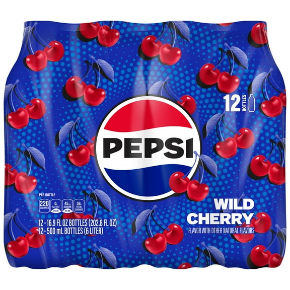Pepsi Wild Cherry Flavored Soda, 16.9 fl oz bottle, 12 Count