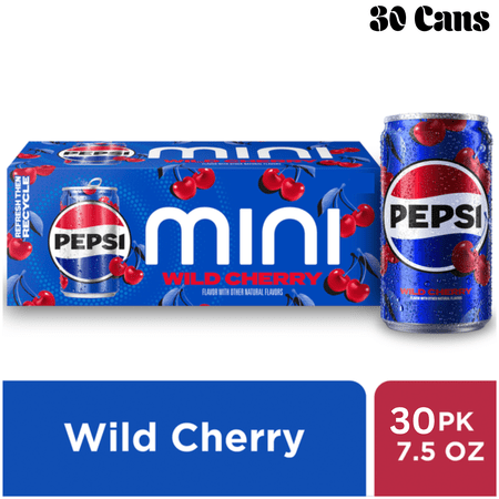 Pepsi Wild Cherry Soda, Mini Cans, 7.5 fl oz, 30 Count Fridge Pack