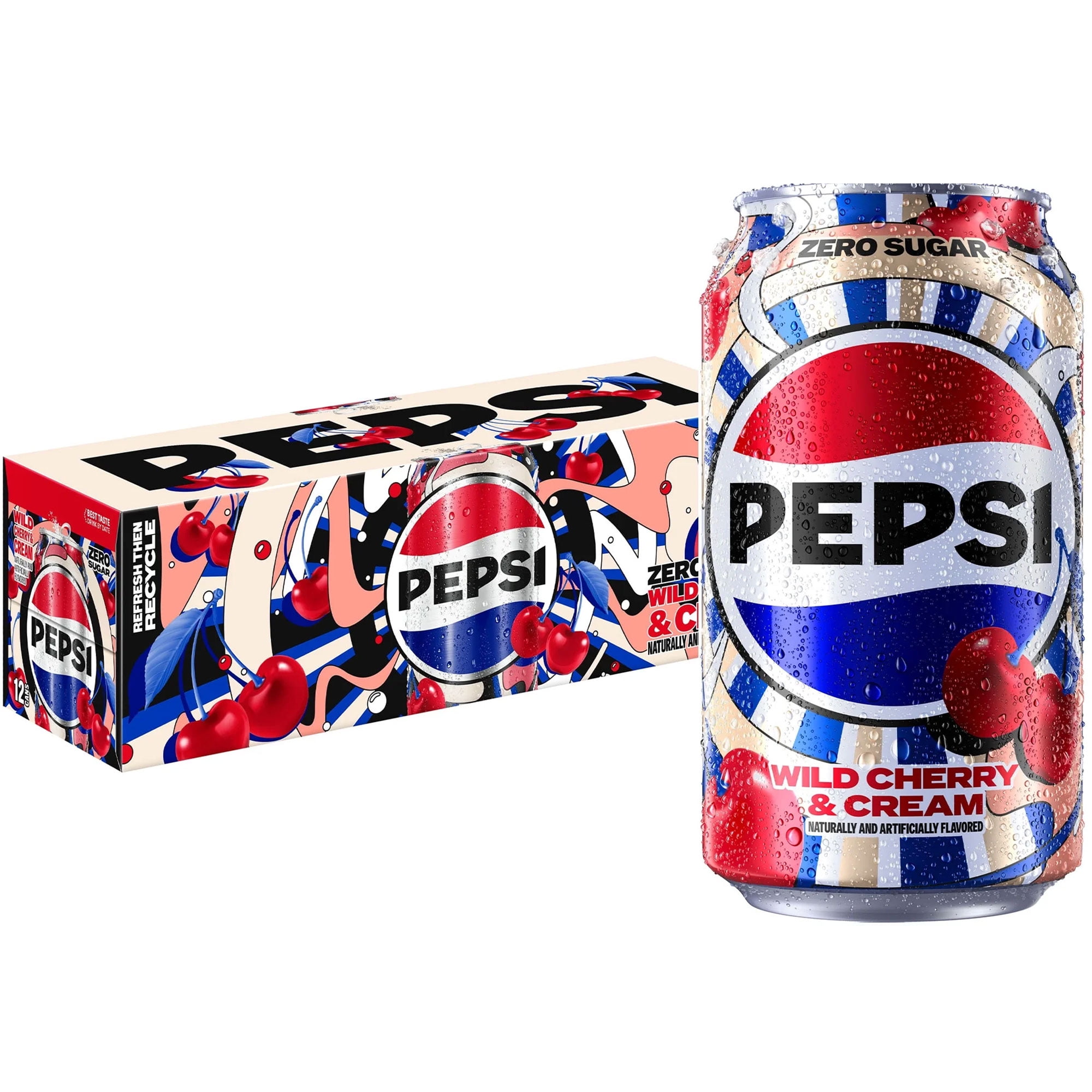 Pepsi Zero Sugar Soda Wild Cherry & Cream 12 fl oz, 12 Count Cans