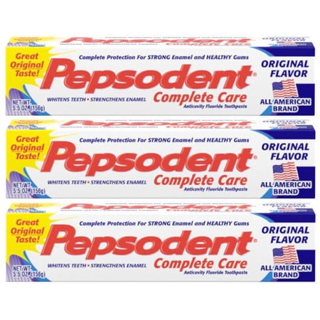 Pepsodent Complete Care Anticavity Fluoride Toothpaste 5.5 Oz 3 Ct | Original Natural Toothpaste Sensitive Teeth | Enamel Repair Toothpaste | Whitening Teeth | Cavity Protection | Healthy Gums