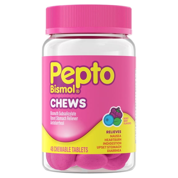 Pepto Bismol Berry Mint Chews, Fast 5-Symptom Stomach Relief, 48 Chewable Tablets
