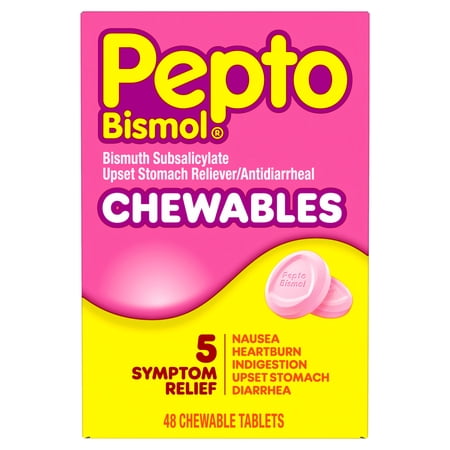 Pepto Bismol Chewable Tablets, Upset Stomach Relief, Anti Diarrheal, 48 Count