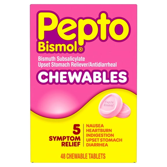 Pepto Bismol Chewable Tablets, Upset Stomach Relief, Anti Diarrheal, 48 Count