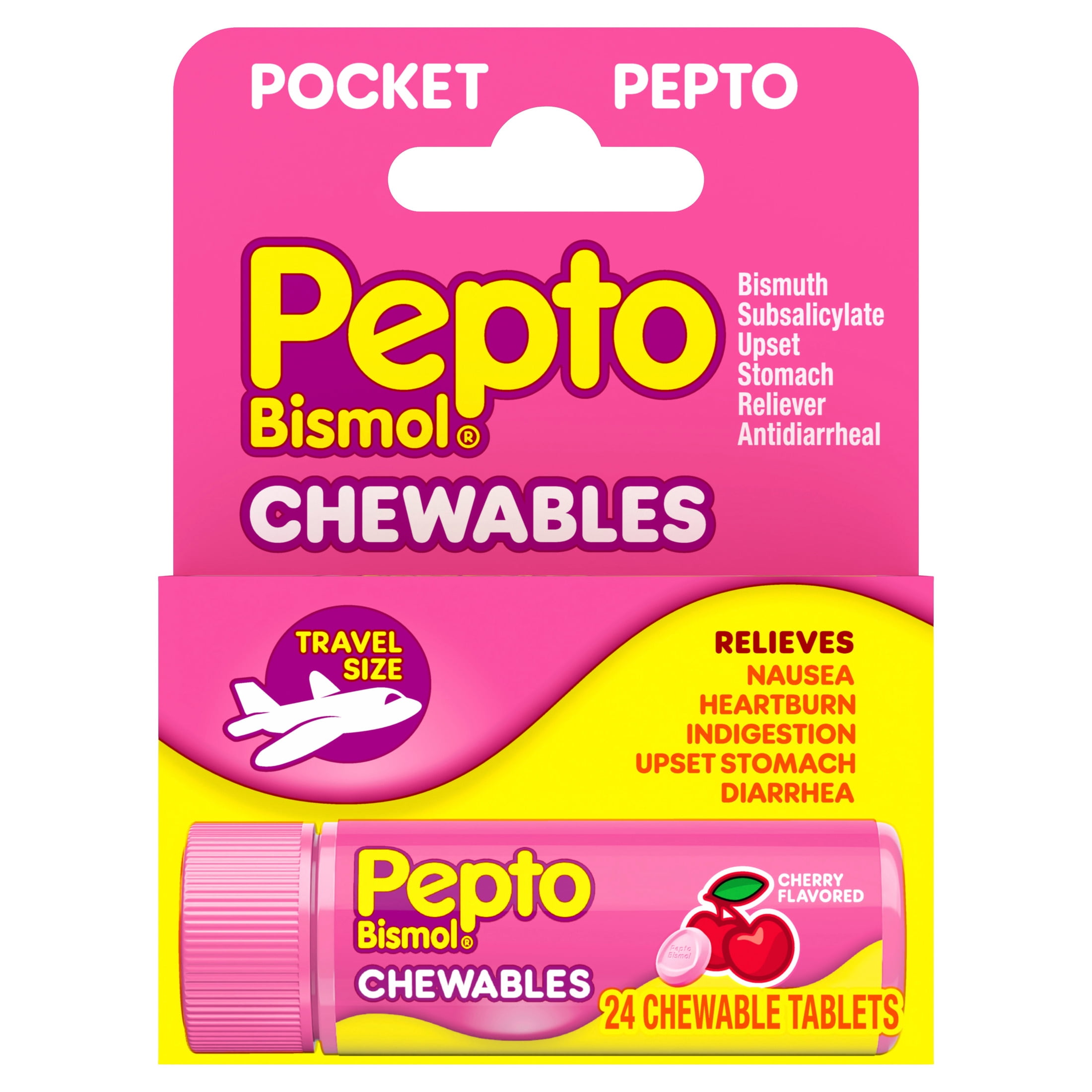 Pepto Bismol Chewable Tablets, Upset Stomach Relief, Anti Diarrheal, Cherry, 24 Count
