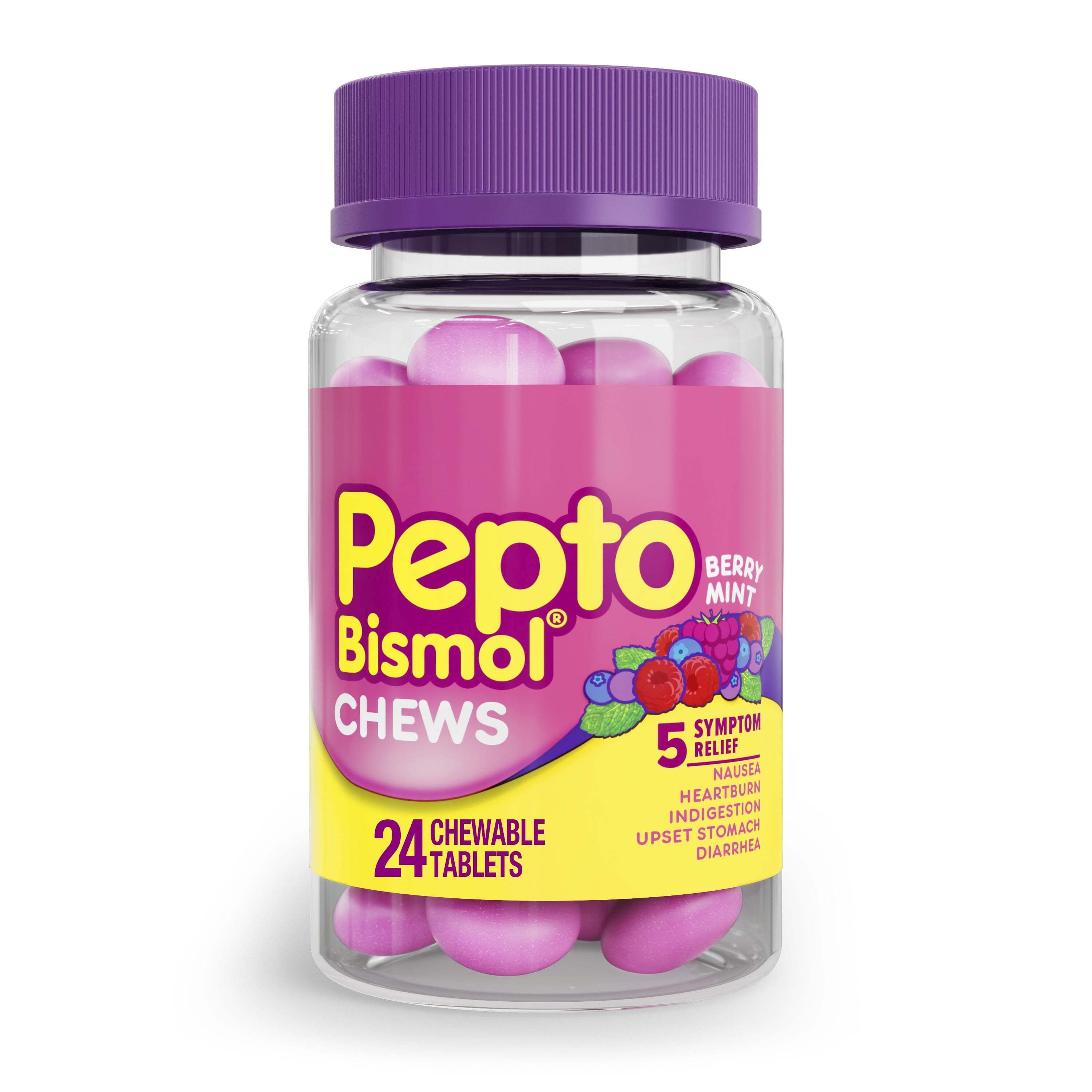 Pepto Bismol Chews, Chewable Indigestion and Anti-Diarrhea Stomach Relief, Berry Mint, 24 Count