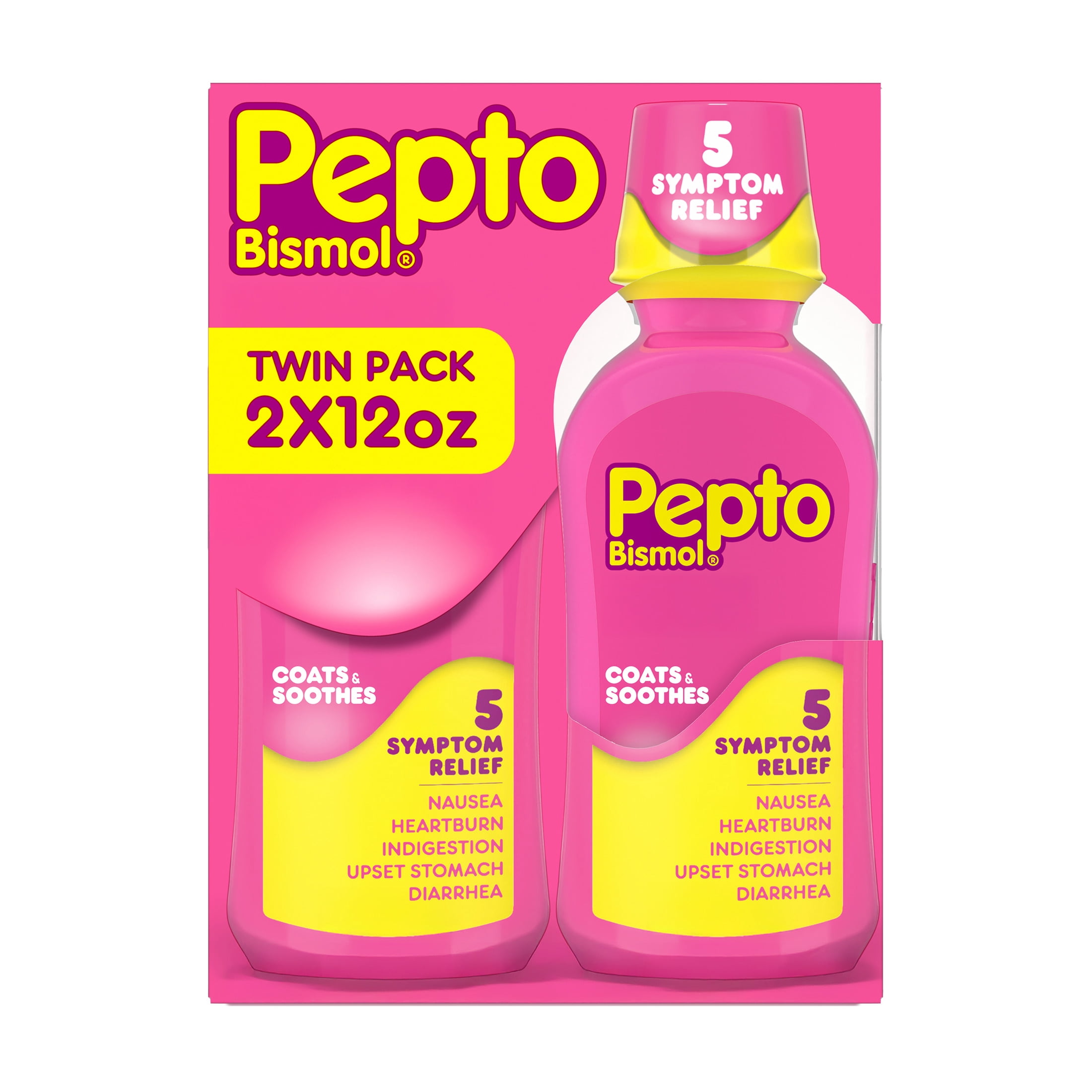 Pepto Bismol Liquid, Fast 5-Symptom Stomach Relief, 2x12 oz