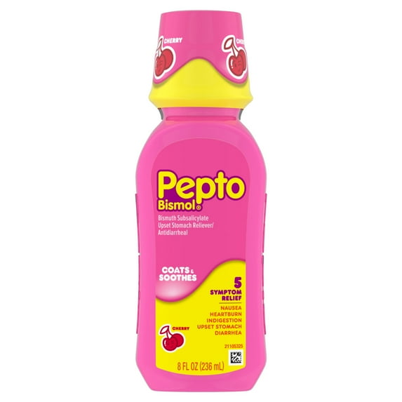 Pepto Bismol Cherry Liquid, Upset Stomach Relief, Nausea Relief, Heartburn Relief, Indigestion Relief, Anti Diarrhea Medication for Adults - 5 Symptom Fast Relief, 8 oz (Packaging May Vary)