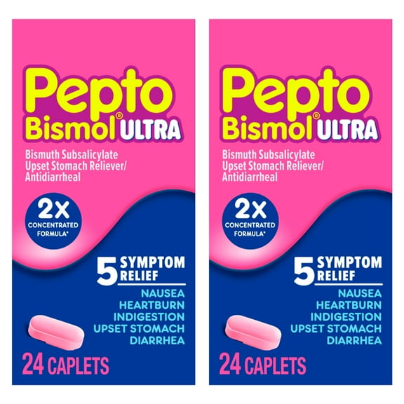 Pepto Bismol ULTRA Caplets, Fast 5-Symptom Upset Stomach Relief, 48 Ct (2x24 Ct)