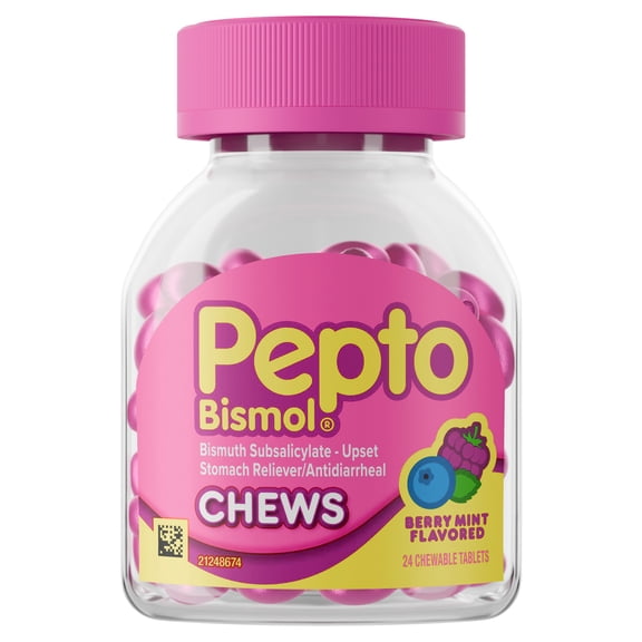 Pepto Bismol Berry Mint Chews, Fast 5-Symptom Stomach Relief, 24 Chewable Tablets