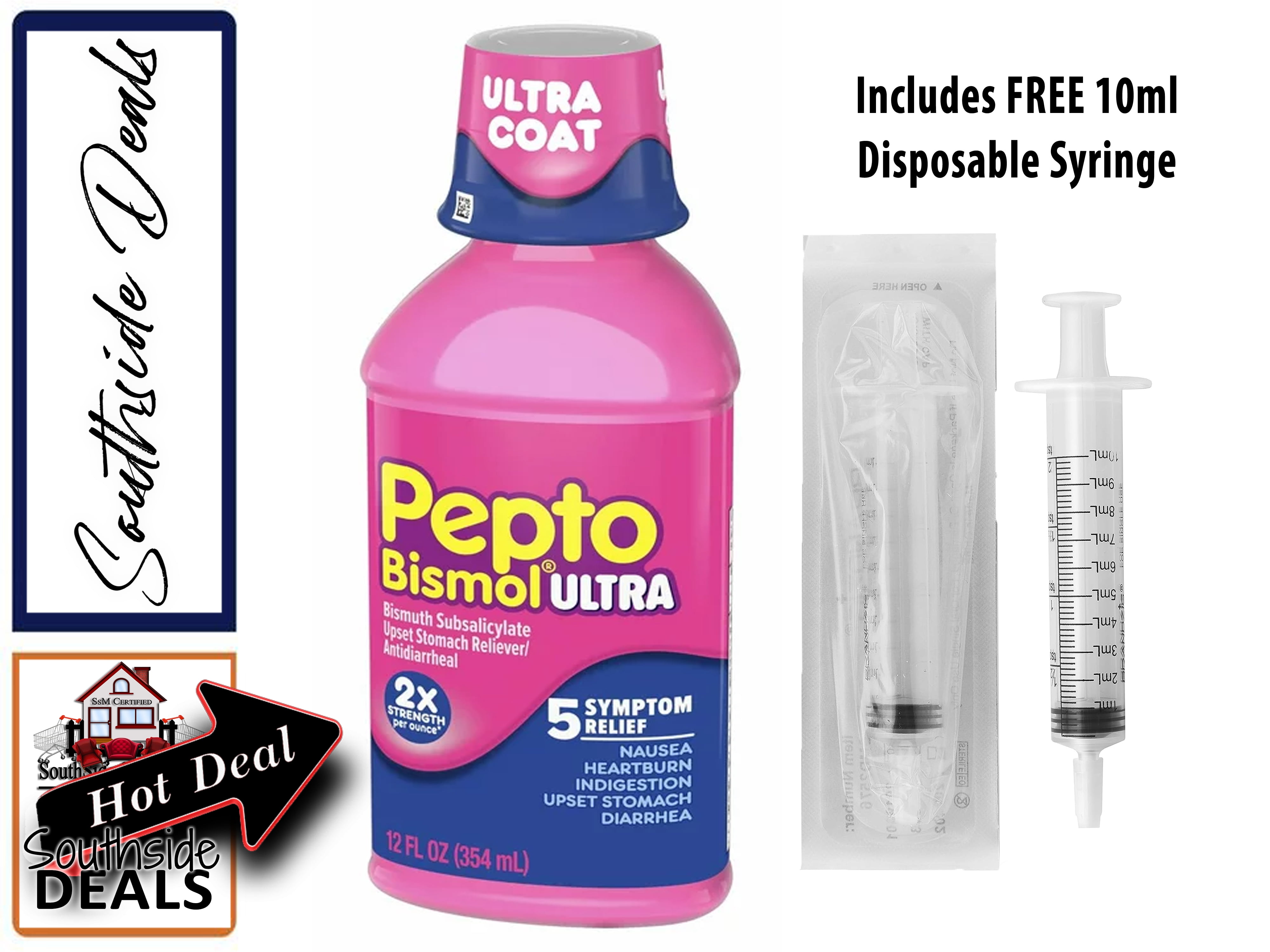 Pepto Bismol Ultra Liquid Stomach Constipation Relief, 12 oz Includes 10ml Oral Syringe With