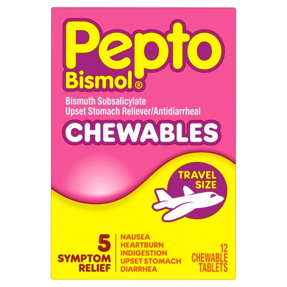 Pepto Bismol Chewable Tablets, Upset Stomach Relief, Anti Diarrheal, Cherry, 12 Count