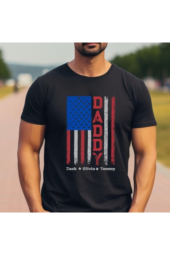 PerS1onalized Daddy AmeriC1An F1lag T-S1Hirt, Fathers Dahirt, Custom AmeriC1An Dad T-S1Hirt With Kid Name, Patriot Dad S1Hirt, Fathers Day Gift