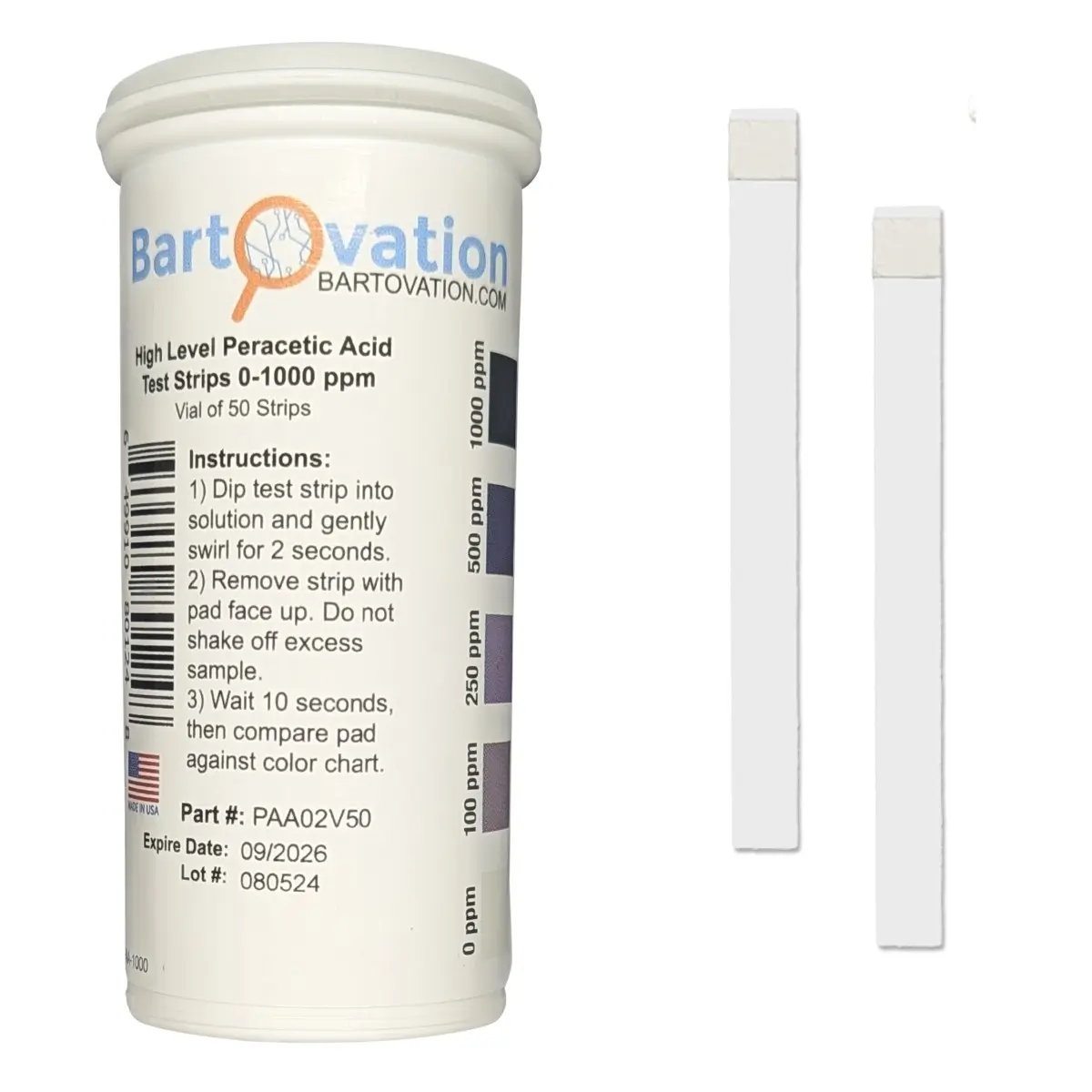 Peracetic Acid Plastic Test Strips, High Level, 0-1000 ppm [Vial of 50 Strips]