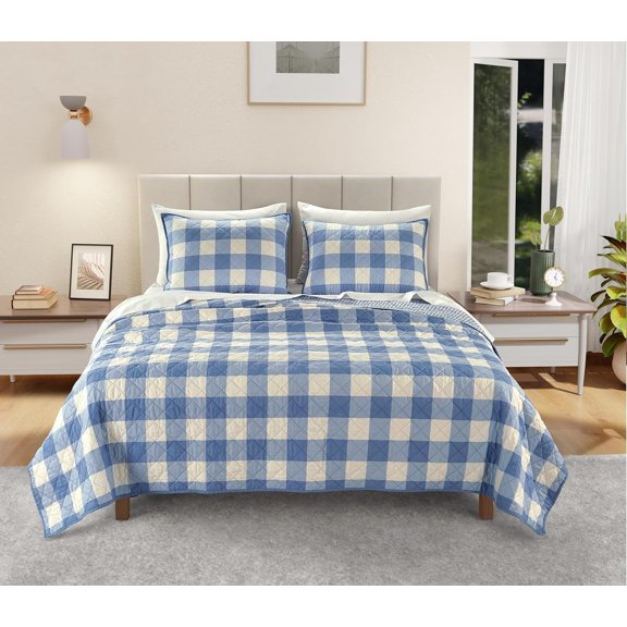 Percale Pre-Washed Quilt Set, Ultra-Soft & Reversible Bedding,  Bed Sheets, Wrinkle-Resistant 2-Pc  Bedspread with Matching Shams, -Season Comfort - Blue Gingham
