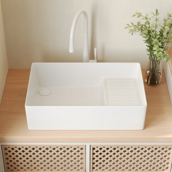 Perch 24" X 15" Square Ceramic White Vessel Sink Bathroom Sink With Slanted Washboard Design DV-1V0321