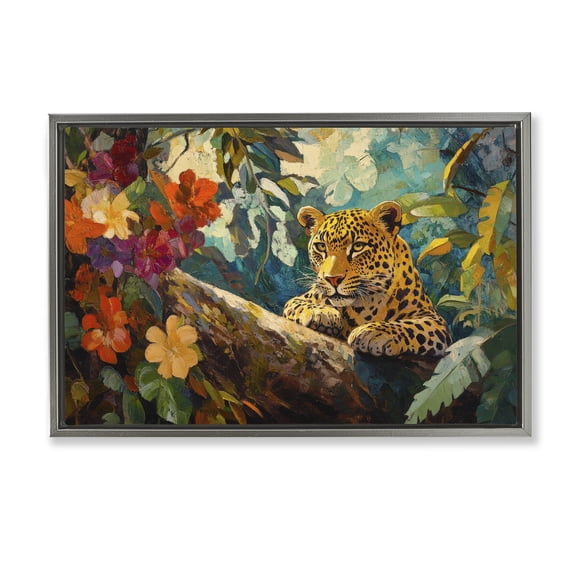 Stupell Industries Perched Above Jungle Cat Gray Framed Floater Canvas Wall Art, design by Petal Prints Design