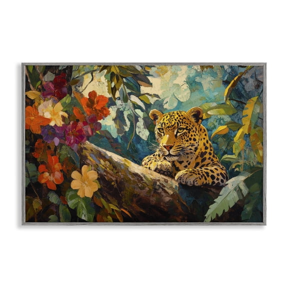 Stupell Industries Perched Above Jungle Cat Gray Framed Giclee Art, design by Petal Prints Design