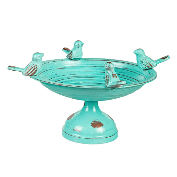 Perched Birds Metal Tabletop Bird Bath, Turquoise