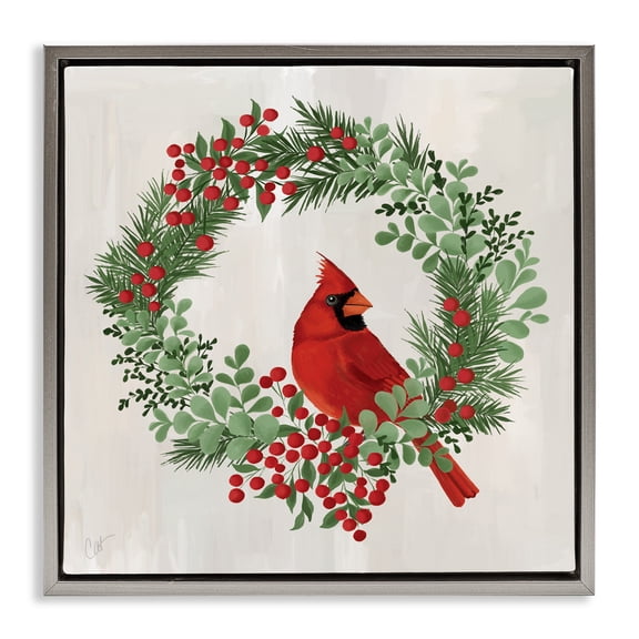 Stupell Industries Perched Cardinal Festive Wreath Gray Framed Floater Canvas Wall Art, design by Cat Thurman Designs, 25 x 25