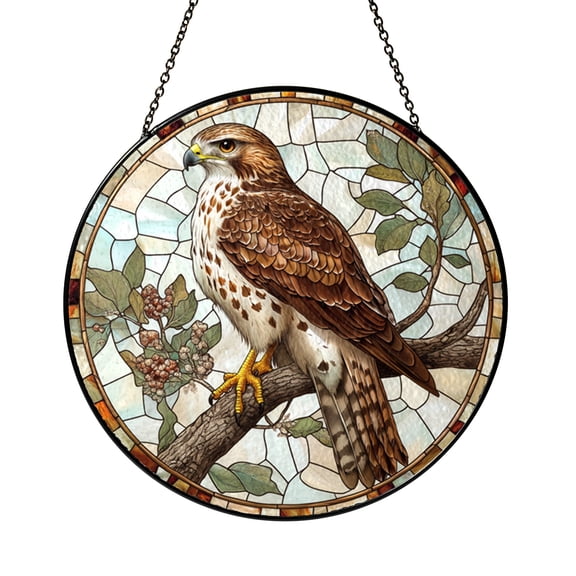 Perched Hawk Stained Glass Style Window Hanging, Decorative Bird Glass Art Panel