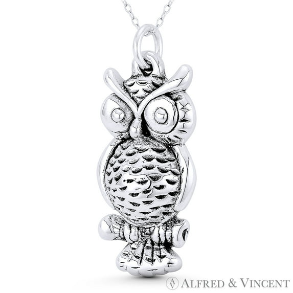Perched Owl Bird Animal Charm 43x19mm (1.7x0.75in) Pendant & Chain Necklace in Oxidized .925 Sterling Silver