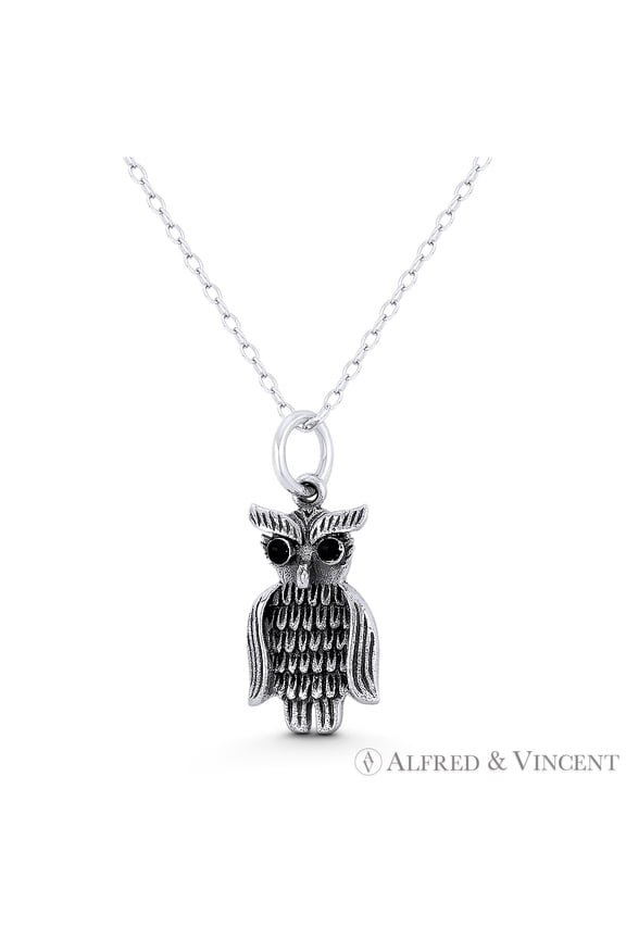 Perched Owl Bird Animal Charm & Black CZ Crystal 25x11mm (1x0.4in) Pendant & Chain Necklace in Oxidized .925 Sterling Silver
