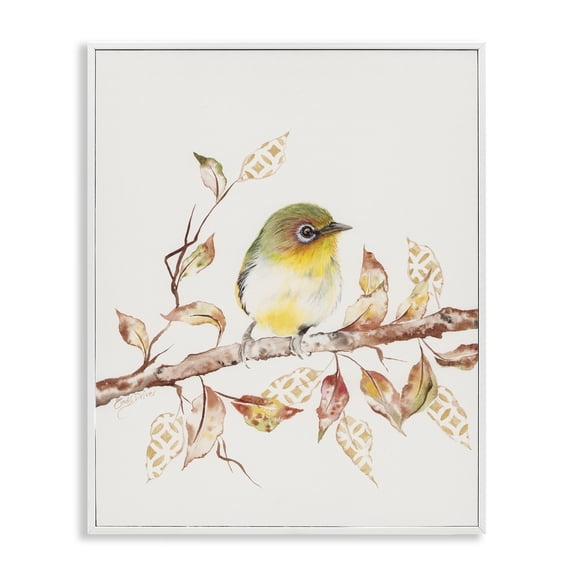 Stupell Industries Perched Sparrow on Patterned Leaves White Framed Giclee Art, design by Cady Driver