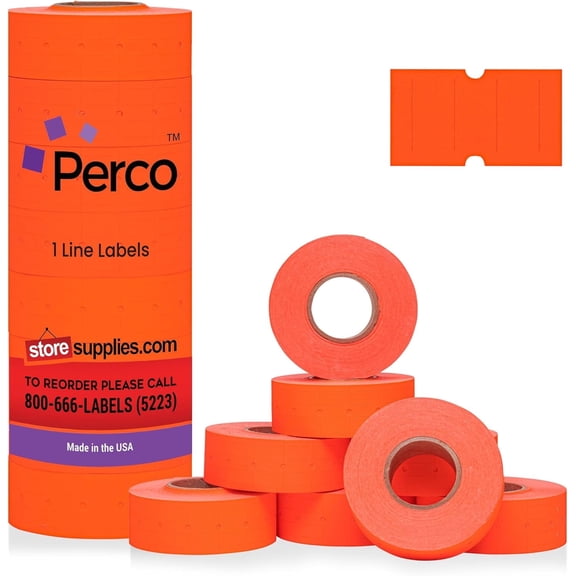 Perco 1 Line Fluorescent Red Labels - 8,000 Blank Price and Date Gun Labels for Perco Lite, X, Plus and Pro 1 Line Price and Date Guns- 8 Rolls, 1 Sleeve - Made in USA