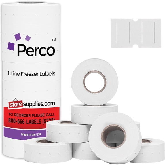 Perco 1 Line Freezer Adhesive Labels - 8,000 Blank Price and Date Gun Labels for Perco Lite, X, Plus and Pro 1 Line Price and Date Guns - 8 Rolls, 1 Sleeve - Made in USA