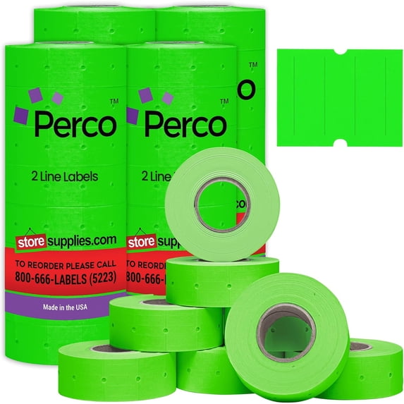 Perco 2 Line Fluorescent Green Labels - 24,000 Blank Price and Date Gun Labels for Perco 2 Line Price and Date Guns - 32 Rolls, 4 Sleeves - Made in USA