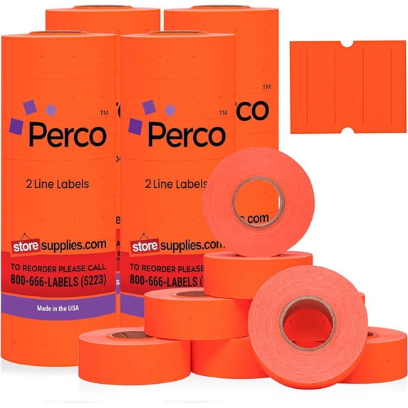 Perco 2 Line Fluorescent Red Labels - 32 Rolls, 4 Sleeves, 24,000 Blank Price and Date Gun Labels for Perco 2 Line Price and Date Guns - Made in USA
